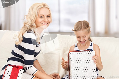 Image of mother and little girl with gifts
