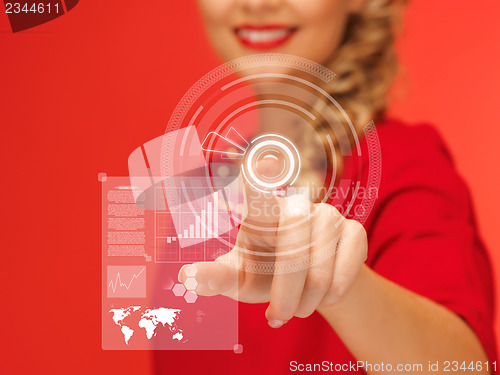 Image of woman in red dress pressing virtual button