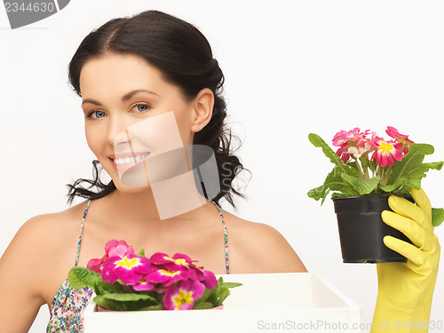 Image of housewife with flower in box and pot
