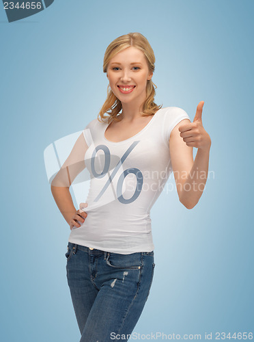 Image of girl pointing at percent sign