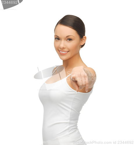 Image of woman in blank white t-shirt pointing at you