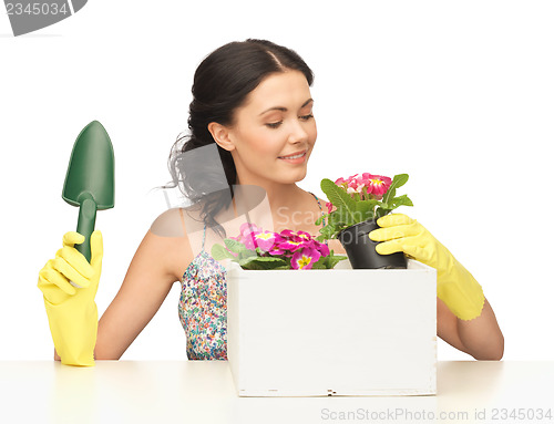 Image of housewife with flower in pot and gardening set