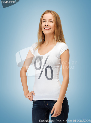 Image of woman in shirt with percent sign