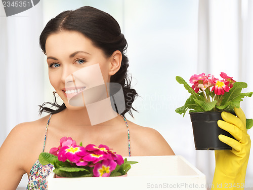 Image of housewife with flower in box and pot