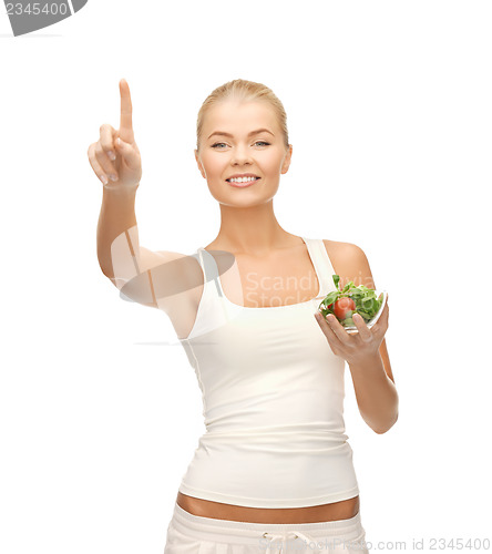 Image of healthy woman holding bowl with salad