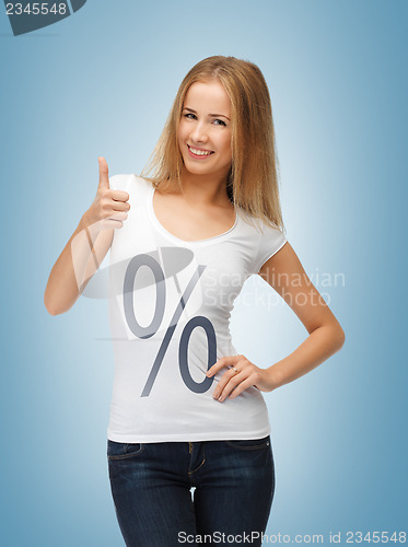 Image of woman in shirt with percent sign