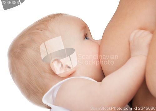 Image of mother feeding adorable baby