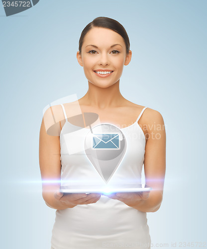 Image of woman with tablet pc and sms icon