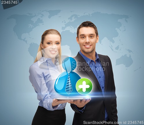 Image of man and woman with with contact icon