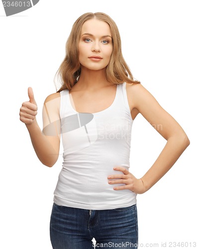 Image of woman in blank white t-shirt with thumbs up