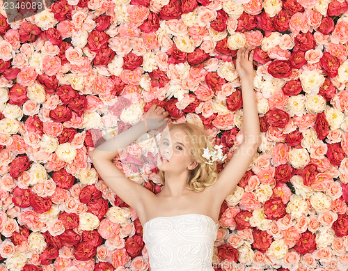 Image of young woman with background full of roses