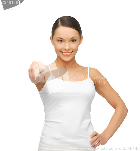 Image of woman in blank white t-shirt pointing at you