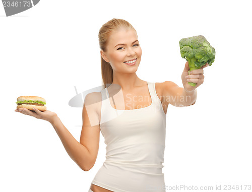 Image of woman with broccoli and hamburger