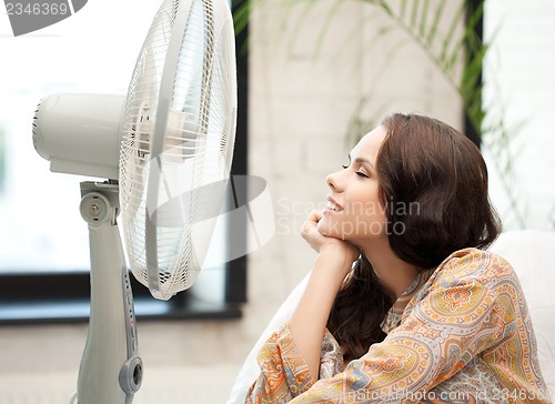 Image of happy and smiling woman sitting near ventilator