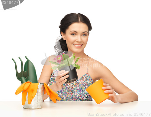 Image of housewife with flower in pot and gardening set