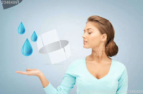 Image of woman showing blue water drops