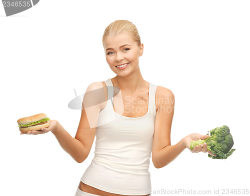 Image of woman with broccoli and hamburger