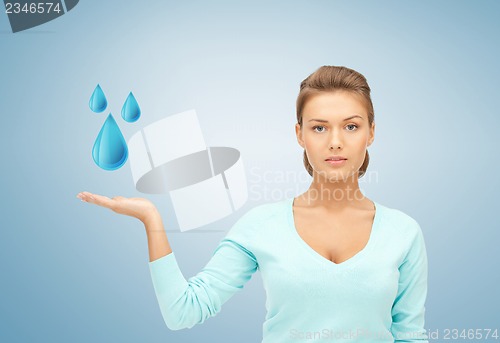 Image of woman showing blue water drops