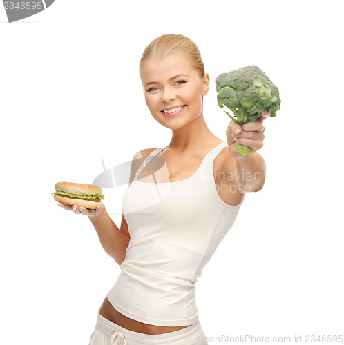 Image of woman with broccoli and hamburger