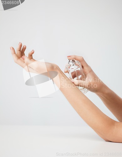 Image of woman hands spraying perfume