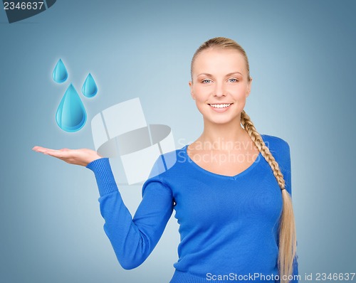 Image of woman showing blue water drops