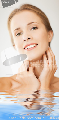 Image of face and hands of beautiful woman in water