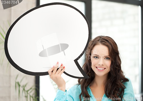 Image of smiling young woman with blank text bubble