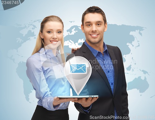 Image of man and woman with virtual email sign