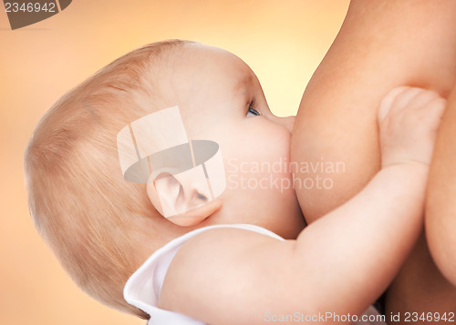 Image of mother feeding adorable baby