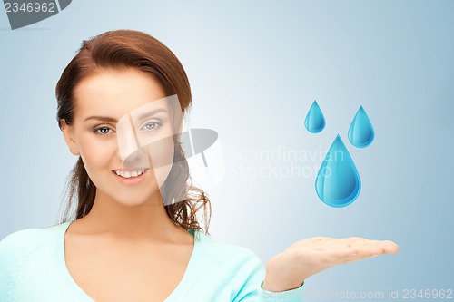 Image of woman showing blue water drops