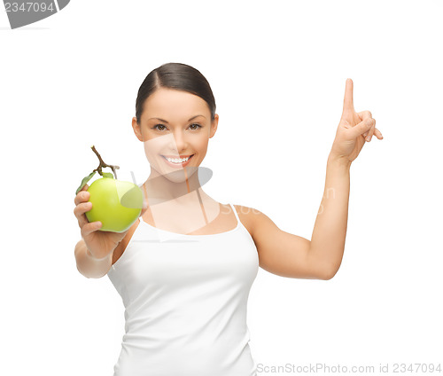Image of woman with green apple pointing her finger up