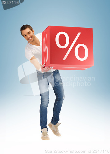 Image of man with big percent box