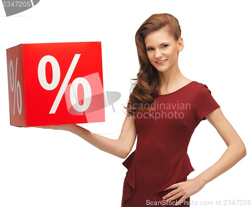 Image of teenage girl in red dress with sale sign