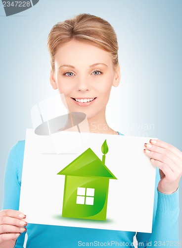 Image of woman with illustration of green eco house