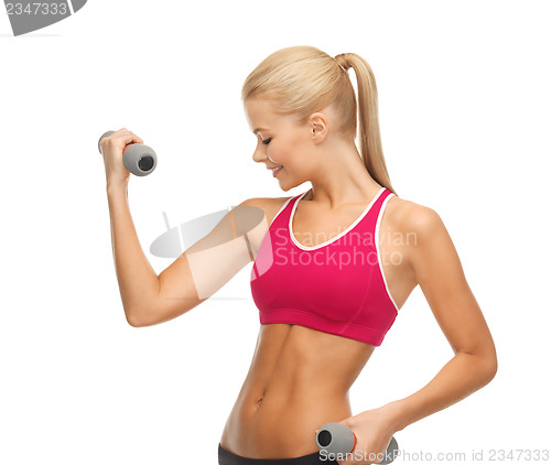 Image of young sporty woman with light dumbbells