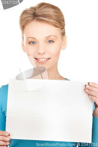 Image of happy smiling woman with blank paper