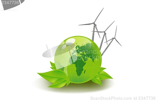 Image of picture of green globe and wind turbines