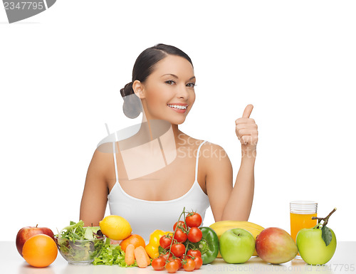 Image of woman gives thumbs up with fruits and vegetables