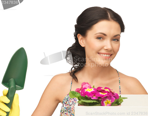 Image of housewife with flower in box and gardening trowel