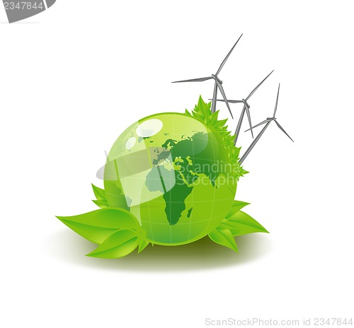 Image of picture of green globe and wind turbines