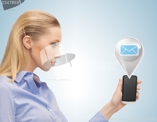 Image of businesswoman with virtual text bubble