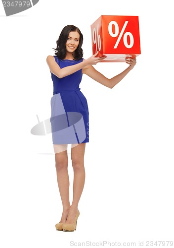 Image of lovely woman in blue dress with percent sign