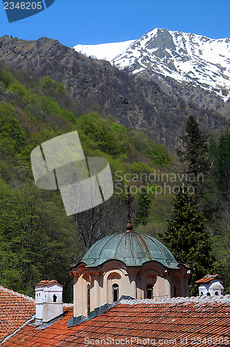 Image of Dome of Rila Monastery and Snowy Mountain