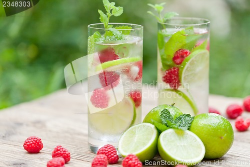 Image of fresh cold drink water ice cubes peppermint lime raspberry