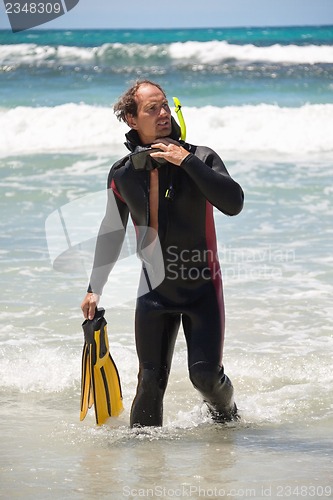 Image of male diver with diving suit snorkel mask fins on the beach