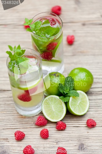 Image of fresh cold drink water ice cubes peppermint lime raspberry