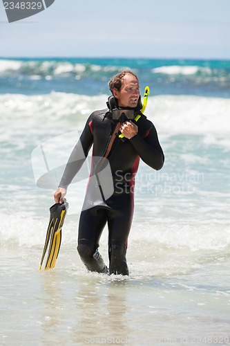 Image of male diver with diving suit snorkel mask fins on the beach