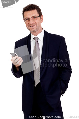 Image of adult businessman with smartphone mobilephone isolated