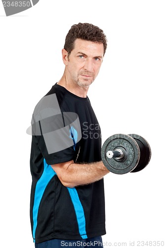 Image of adult attractive man with iron dumbbell isolated