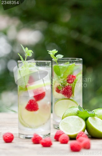 Image of fresh cold drink water ice cubes peppermint lime raspberry